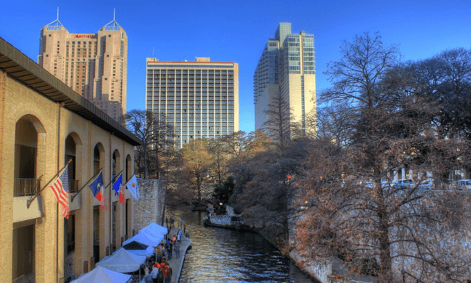 San Antonio River Walk and downtown buildings